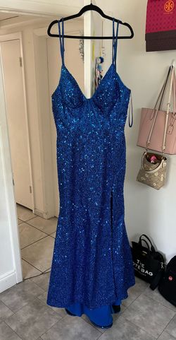Style 7844 Lets Gown Blue Size 16 Plus Size Sequined Floor Length Homecoming Mermaid Dress on Queenly