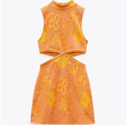 Zara Orange Size 4 Free Shipping Resort Floral Jersey Nightclub Cocktail Dress on Queenly