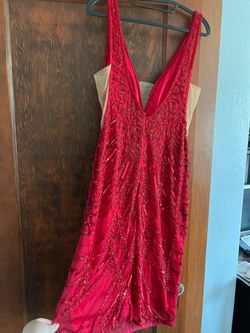 Bella Couture Bright Red Size 16 Plunge Plus Size Pageant Cocktail Dress on Queenly