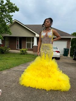 Tina Summers Label Yellow Size 8 Sheer Custom Plunge Floor Length Prom Ball gown on Queenly