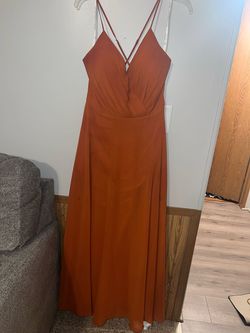 David's Bridal Orange Size 14 Plunge Satin Plus Size Floor Length Spaghetti Strap A-line Dress on Queenly
