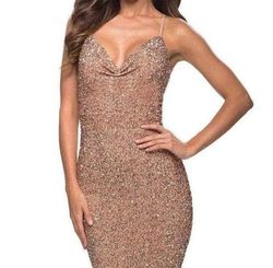 Style 29949 La Femme Gold Size 6 29949 Jersey Black Tie Straight Dress on Queenly