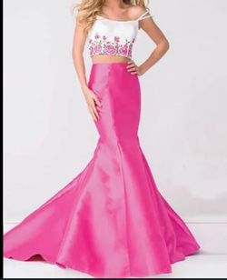 Jovani Hot Pink Size 4 Square Neck Embroidery 50 Off Mermaid Dress on Queenly