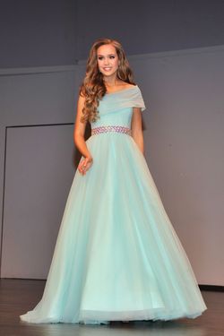 Style 53438 Sherri Hill Blue Size 2 Jersey Light Green Floor Length Free Shipping A-line Dress on Queenly