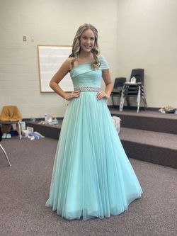 Style 53438 Sherri Hill Blue Size 2 Military Light Green A-line Dress on Queenly
