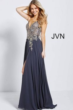 Style JVN55885 JVN by Jovani Silver Size 16 Plus Size Sheer Side slit Dress on Queenly