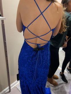Style 31288 La Femme Blue Size 4 Plunge Tall Height Side slit Dress on Queenly