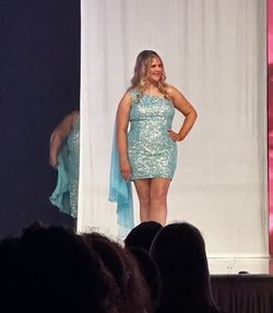 Ashley Lauren Blue Size 14 Plus Size One Shoulder Pageant Midi Cocktail Dress on Queenly