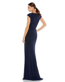 Mac Duggal Blue Size 4 Floor Length V Neck Navy A-line Dress on Queenly