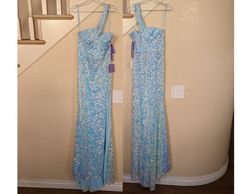 Style Light Blue Sequined One Shoulder Formal Prom Dress 2 Cinderella Blue Size 2 Polyester Side slit Dress on Queenly