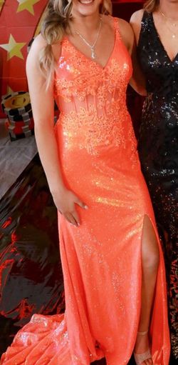 Style 10099 Colors Orange Size 6 Tall Height Plunge Prom Side slit Dress on Queenly