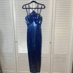 Style 31400 Peak Evenings Blue Size 2 Padded Side slit Dress on Queenly