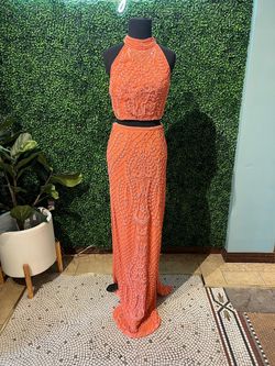 Style 53436 Sherri Hill Orange Size 4 53436 High Neck Jersey Floor Length Side slit Dress on Queenly