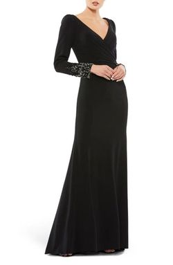 Mac Duggal Black Size 6 Floor Length Jersey V Neck A-line Dress on Queenly