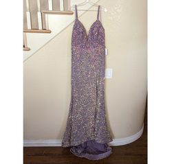Style Lilac Purple Floral Sequin Rhinestone Mermaid Formal Dress Cinderella Purple Size 16 Plus Size Train Fitted Prom Side slit Dress on Queenly