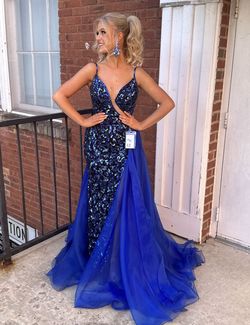 Sherri Hill Blue Size 2 Floor Length Jersey Side slit Dress on Queenly