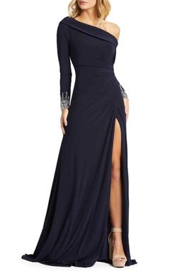 Mac Duggal Blue Size 8 Long Sleeve One Shoulder Jersey Mini Side slit Dress on Queenly