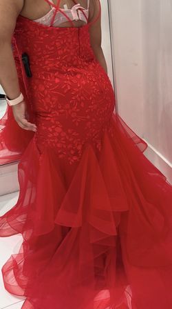 MoriLee Red Size 14 Plus Size Lace Floor Length Spaghetti Strap Mermaid Dress on Queenly