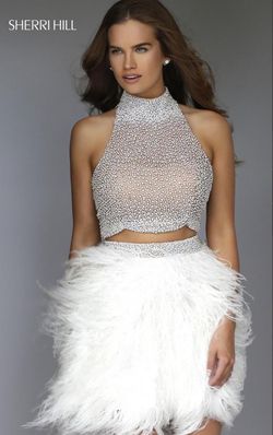 Sherri Hill Nude Size 2 Feather High Neck Free Shipping Midi Cocktail Dress on Queenly