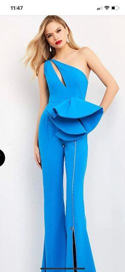 Jovani Blue Size 4 Interview Tall Height One Shoulder Floor Length Jumpsuit Dress on Queenly