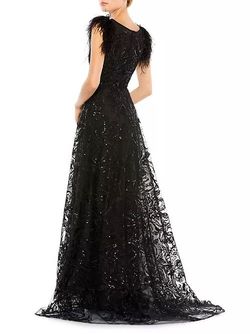 Mac Duggal Black Size 10 Feather Boat Neck Sequined Floor Length A-line Dress on Queenly