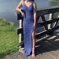 Macy's Blue Size 0 Prom Plunge Black Tie Floor Length Side slit Dress on Queenly