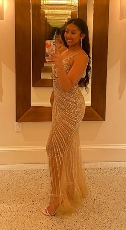 Style 63405 Jovani Gold Size 0 Prom Jersey Floor Length Mermaid Dress on Queenly