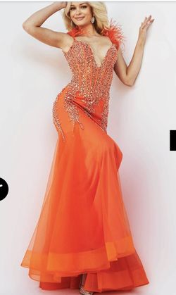 Jovani Orange Size 20 Feather Wedding Guest Plus Size Backless Mermaid Dress on Queenly