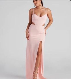 Windsor Pink Size 12 Plus Size Plunge Floor Length Side slit Dress on Queenly