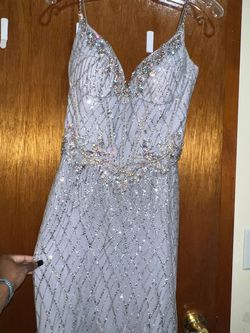 Portia and Scarlett Silver Size 4 Plunge Prom Floor Length Mermaid Dress on Queenly