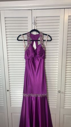 Style P3068 Kiss Kiss Formal Purple Size 2 Train Jewelled Halter Mermaid Dress on Queenly