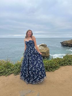 Blondie Nites Blue Size 6 Pattern Wedding Guest Strapless Ball gown on Queenly