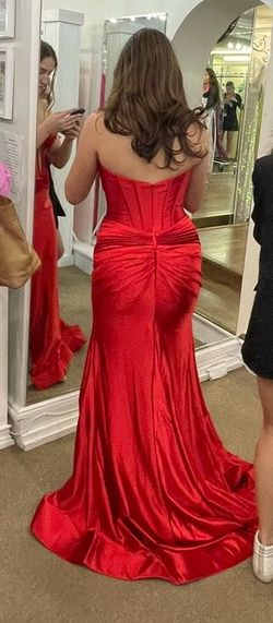 Style 56161 Sherri Hill Red Size 10 Floor Length Mini Free Shipping Strapless Side Slit Mermaid Dress on Queenly