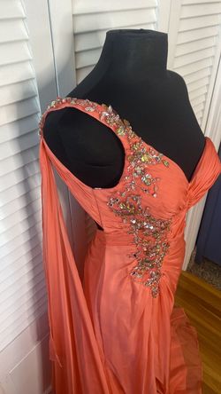 Style P3253 Kiss Kiss Formal Orange Size 4 Prom Embroidery Side Slit Train Dress on Queenly