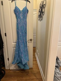 Rachel Allan Blue Size 6 Plunge Medium Height Jersey Mermaid Dress on Queenly