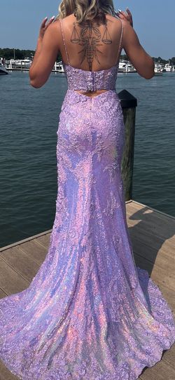 Style 55059 Sherri Hill Purple Size 0 Floor Length Jersey Plunge 50 Off Mermaid Dress on Queenly