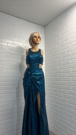 Faviana Blue Size 2 Floor Length Sequined Shiny Side slit Dress on Queenly