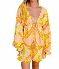 Style 1-2164545237-2588 Meet Me in Santorini Yellow Size 0 Long Sleeve Print V Neck Mini A-line Cocktail Dress on Queenly