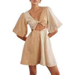 Style 1-234702376-3471 SOVERE Nude Size 4 Plunge Mini Cocktail Dress on Queenly