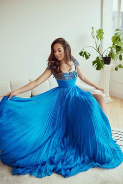 Style Custom Sherri Hill Blue Size 4 Floor Length Custom Pageant Sleeves A-line Dress on Queenly