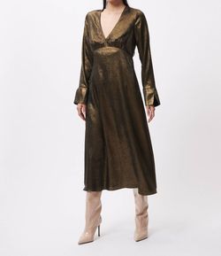 Style 1-3227802915-3011 FRNCH Gold Size 8 Tall Height Sleeves Flare Straight Dress on Queenly