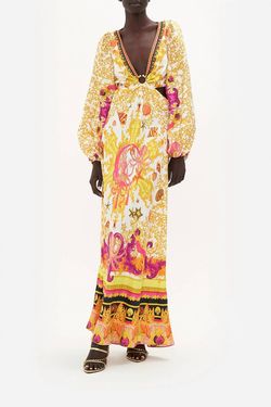 Style 1-959712791-3775 Camilla Yellow Size 16 Silk Floor Length Print Ivory Straight Dress on Queenly