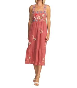 Style 1-967816293-3236 Johnny Was Red Size 4 Square Neck Embroidery Cocktail Dress on Queenly