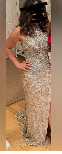 Sherri Hill Gold Size 0 Halter Medium Height Jersey Side slit Dress on Queenly