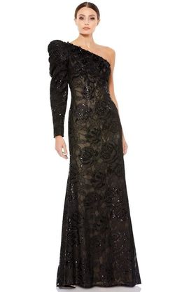 mac Duggal Black Size 14 Military Sequined One Shoulder Polyester A-line Dress on Queenly