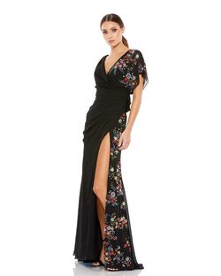Mac Duggal Black Size 10 Floral V Neck Tulle Side slit Dress on Queenly