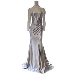 Style 37515 JVN by Jovani Silver Size 6 37515 Tall Height Satin Side slit Dress on Queenly