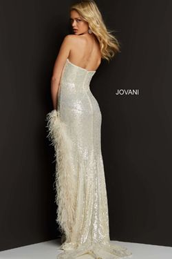 Style 07068 Jovani White Size 0 Strapless Sheer Sequined Side slit Dress on Queenly
