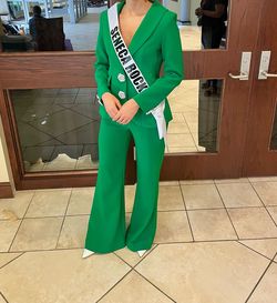 Style 02637 Jovani Green Size 4 Pageant V Neck Two Piece Floor Length Blazer Jumpsuit Dress on Queenly
