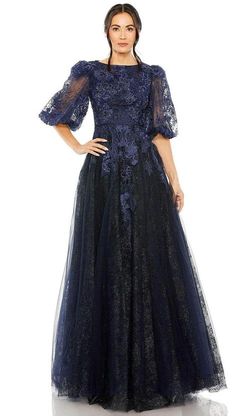 Mac Duggal Blue Size 6 Lace Boat Neck Bridgerton Ball gown on Queenly